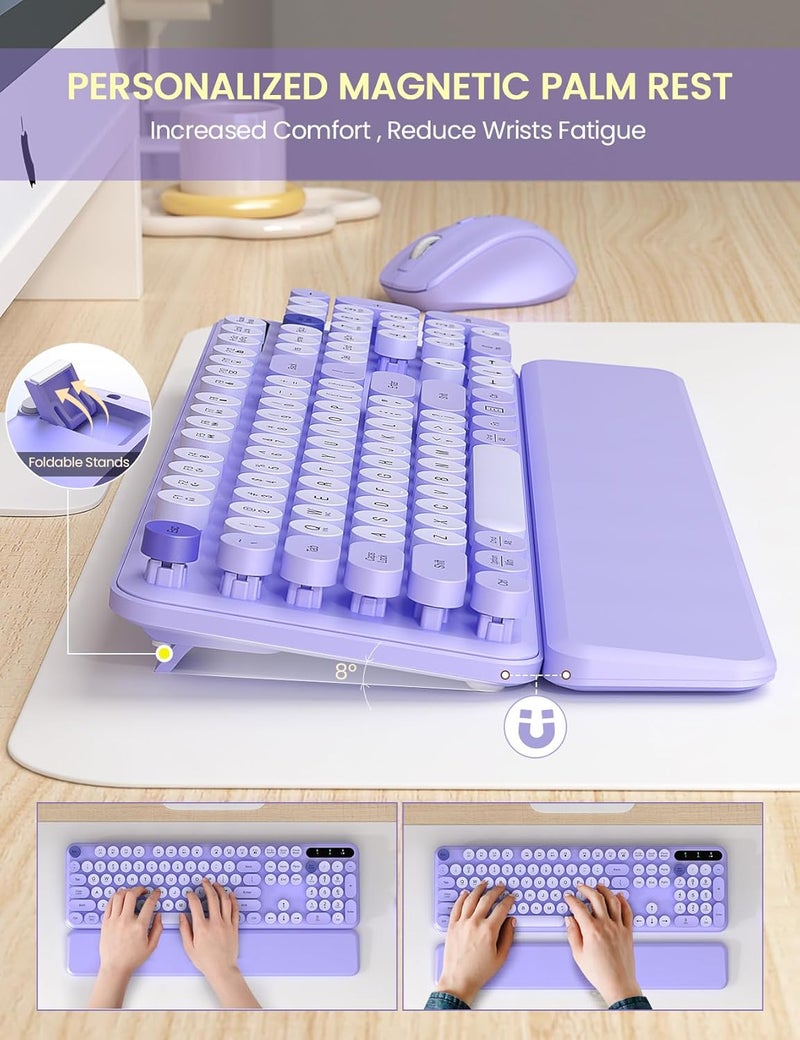 Trueque Wireless Keyboard and Mouse Combo - Cute Typewriter Keyboard with Detachable Wrist Rest, Retro Round Keycaps, Foldable Legs, 2.4GHz Full-Size Keyboard for PC, Laptop, Mac, Windows - (Purple) - Image 3